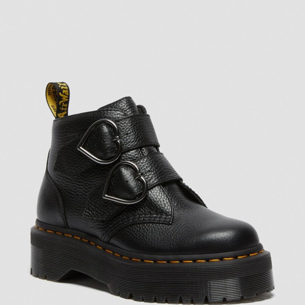 Dr. Martens Devon Heart leather platform boot in black milled nappa leather.